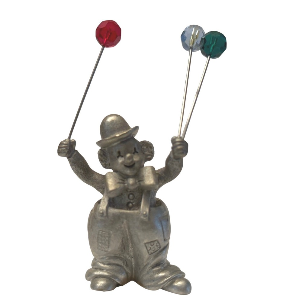Vintage Pewter Clown Figurine with Crystal Balloons Circus Miniature Collectible